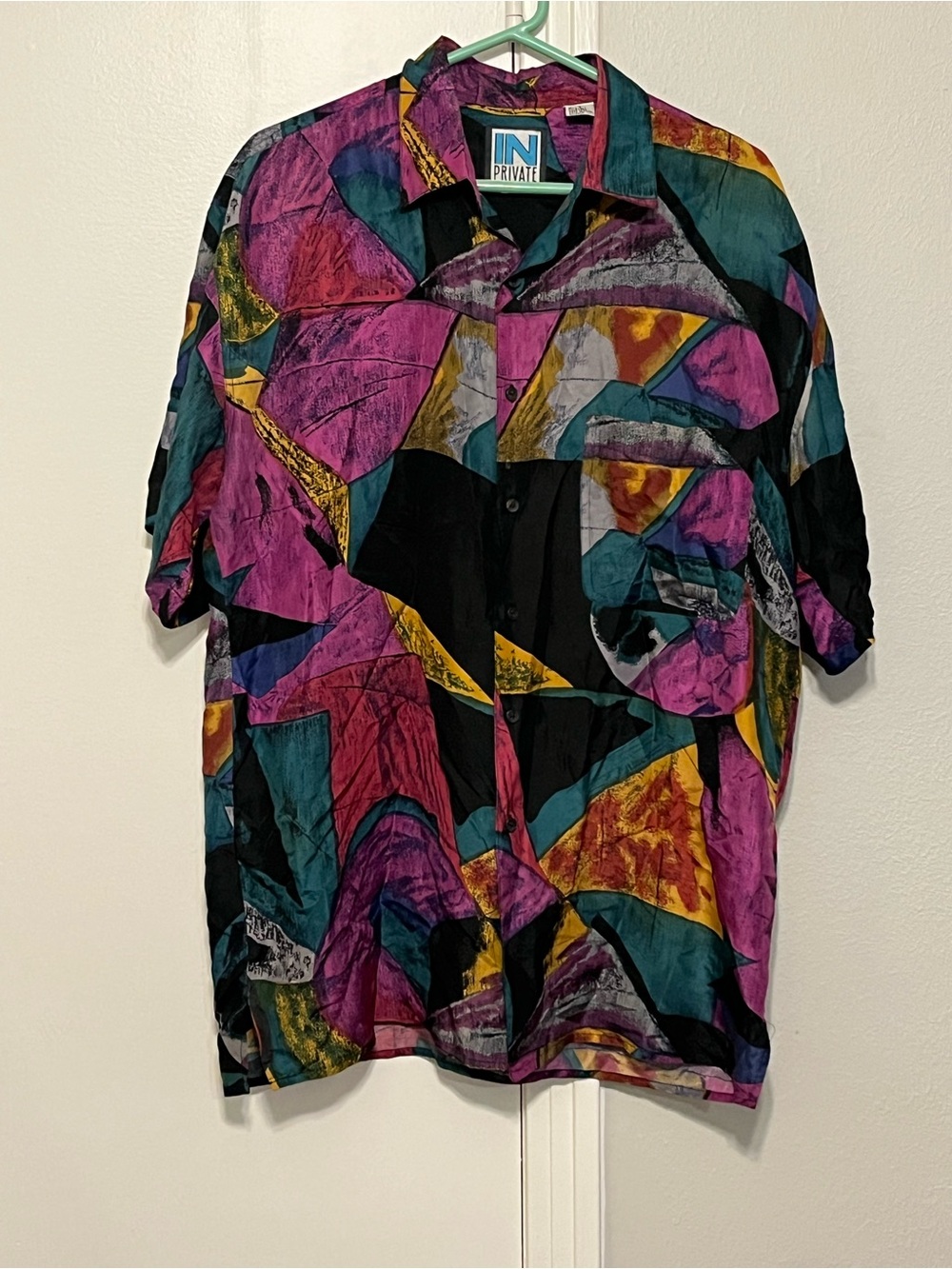 Vintage IN Private 100% Silk Abstract Multicolor Short Sleeve Button-Up Shirt L